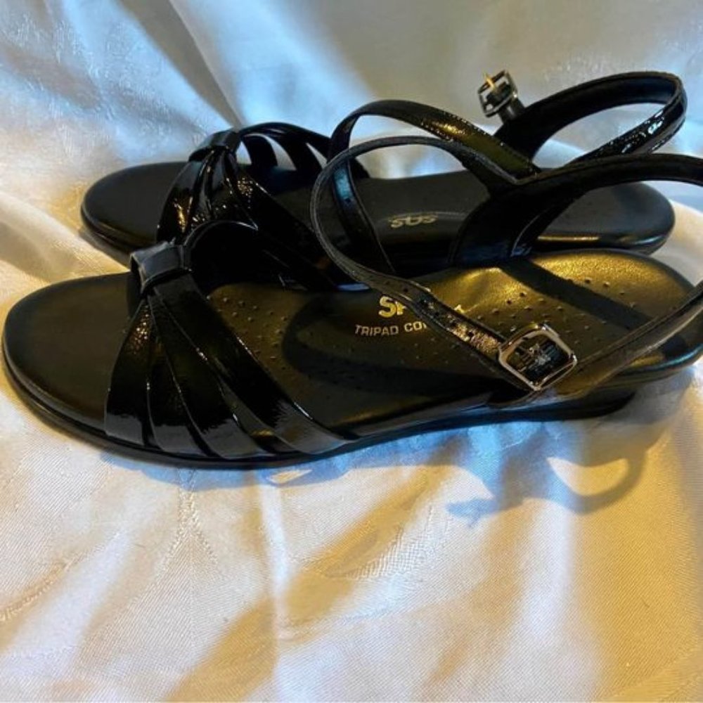 SAS Black Patent Strippy Quarter Strap Wedge Sandal